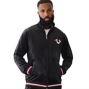 NWT True Religion "Velour World Tour Track Jacket" Black Graphic | Men's Size L